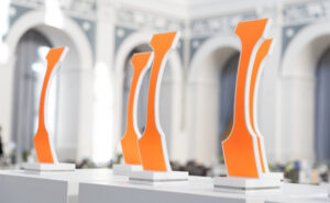 Crystal Cabin Award trophies on a table at the Hamburg Chamber of Commerce