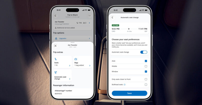 Two mobile devices are displaying the American Airlines app's new feature.
