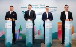 From left to right: Captain Tony Pringle, Cathay Pacific Line Operations Manager, Lawrence Fong, Cathay Director Digital and IT, Michael Yue, ManGaging Director and General Manager, Google Hong Kong and Kemal Armada, Product Manager, Climate & AI, Google