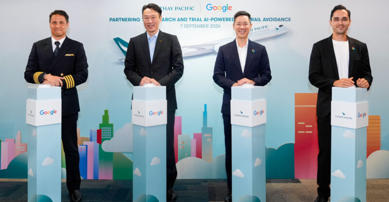 From left to right: Captain Tony Pringle, Cathay Pacific Line Operations Manager, Lawrence Fong, Cathay Director Digital and IT, Michael Yue, ManGaging Director and General Manager, Google Hong Kong and Kemal Armada, Product Manager, Climate & AI, Google