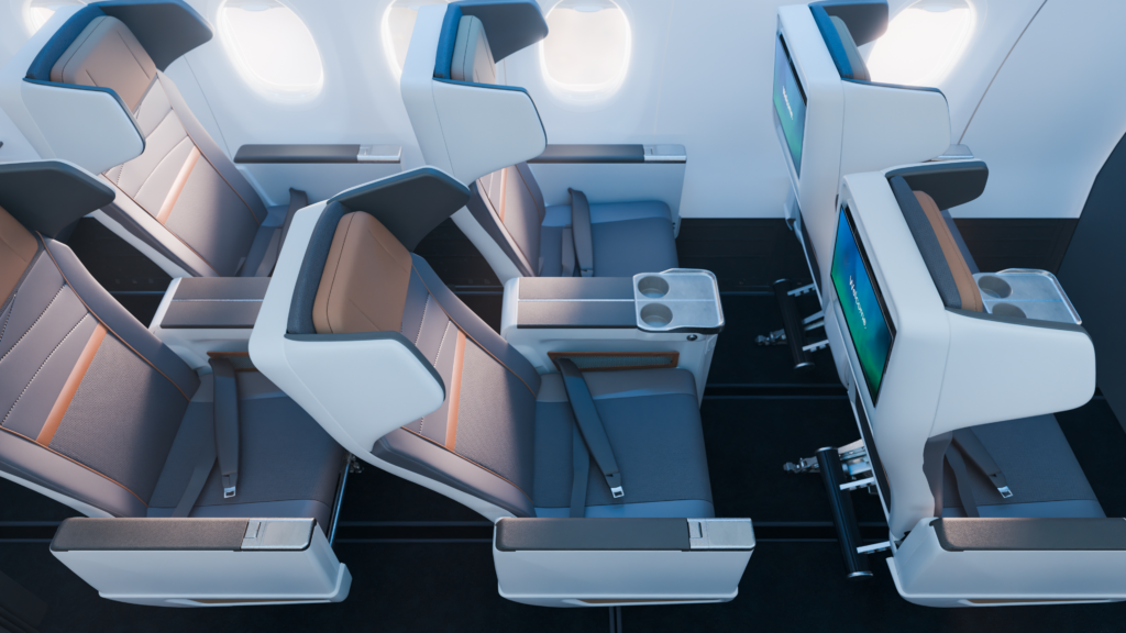 Overhead view of Premium Reserve premium economy recliners on Alaska's premium 737 MAX 10