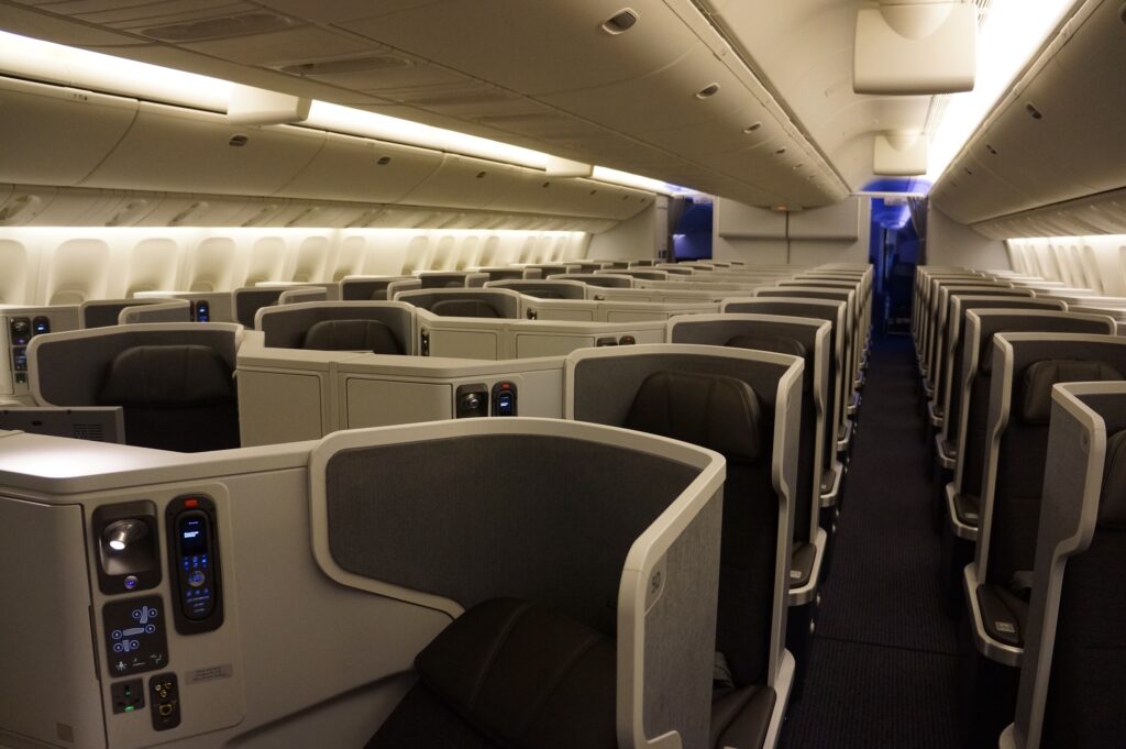 Old American Airlines business class cabin in the Boeing 77-300ER.
