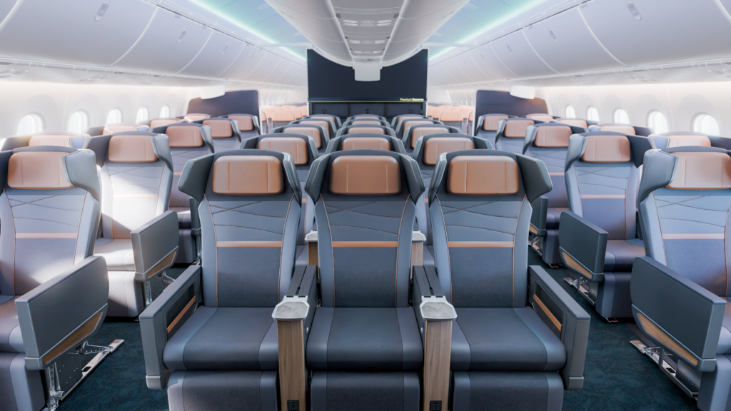 Wide-cabin shot of the Premium Reserve premium economy recliners on the 787-10