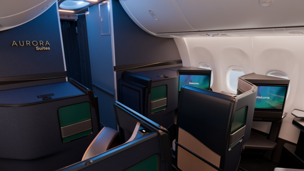 Aurora Suites is seen on the bulkhead at the front of the new cabin for Alaska's premium 737 MAX 10s