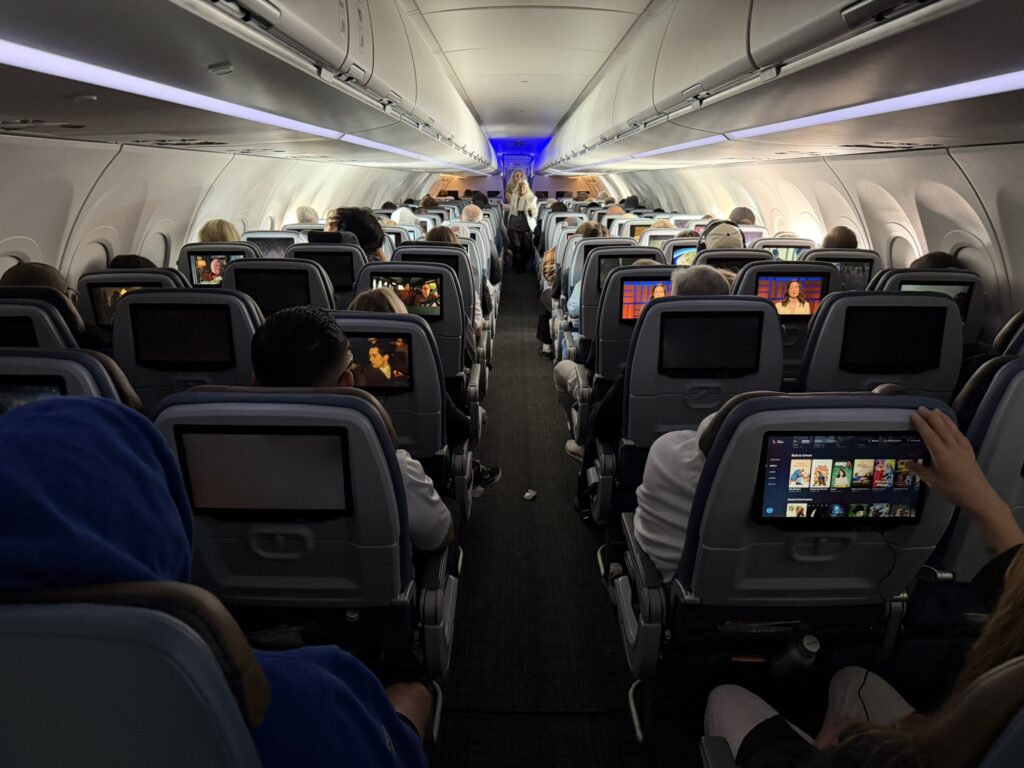 Looking down the Main Cabin from the rear galley aboard the American A321XLR
