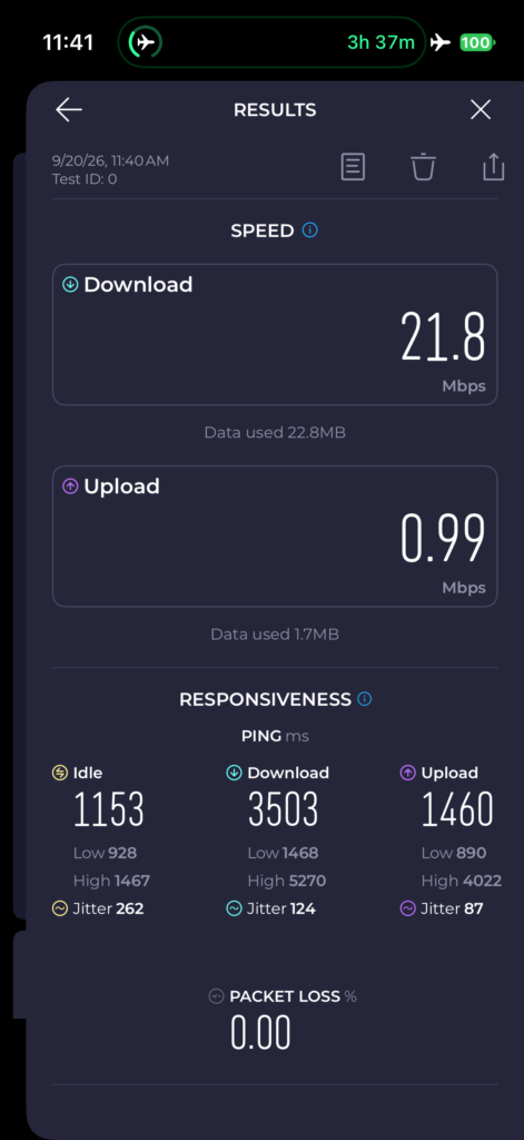 A speed test for the Viasat Wi-Fi onboard the American flight.