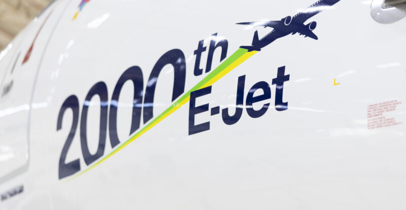 Side of an Azul Embraer E195-E2 in the hangar