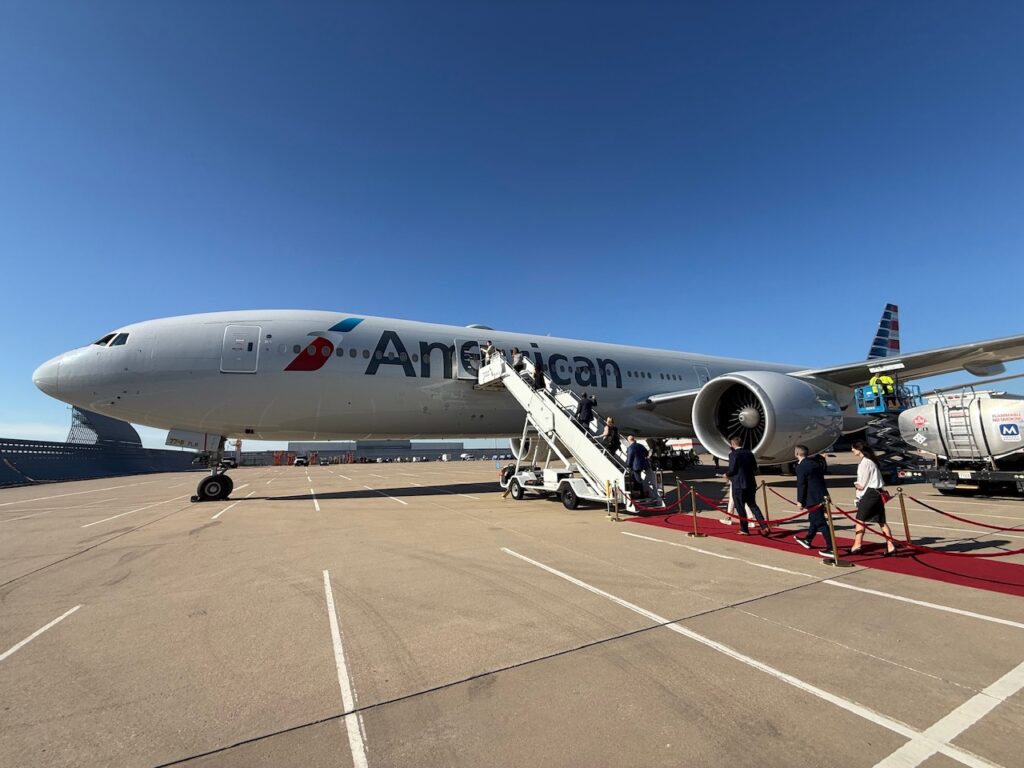 American Airlines' refurbished 777-300ER at DFW for media flight