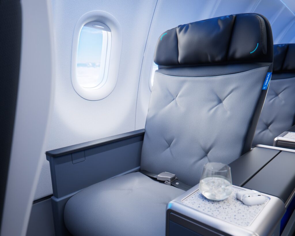 A JetBlue BlueFirst first class seat with Tuft & Needle cushioning