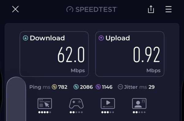 A screenshot of the speedtests for WiFi in flight.