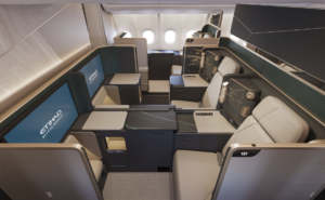 Center pair in First on the Etihad Airways A330neo. These suites feature massive 32" IFE screens