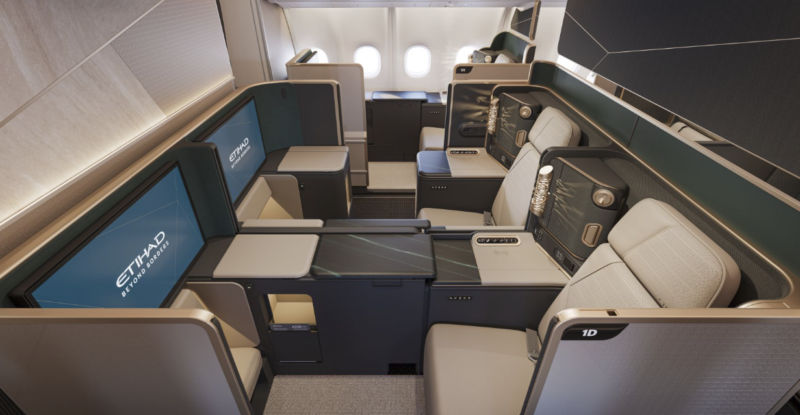 Center pair in First on the Etihad Airways A330neo. These suites feature massive 32" IFE screens
