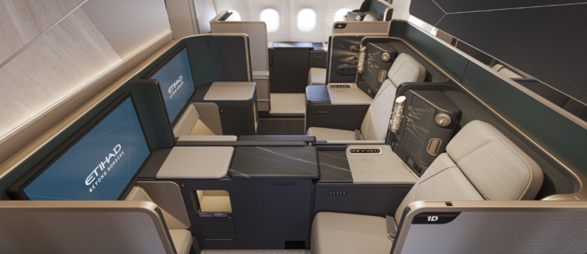 Center pair in First on the Etihad Airways A330neo. These suites feature massive 32" IFE screens