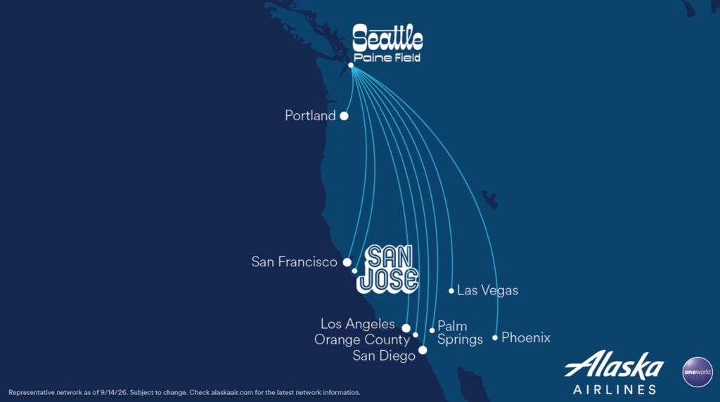 Alaska Airlines' route map from Paine Field