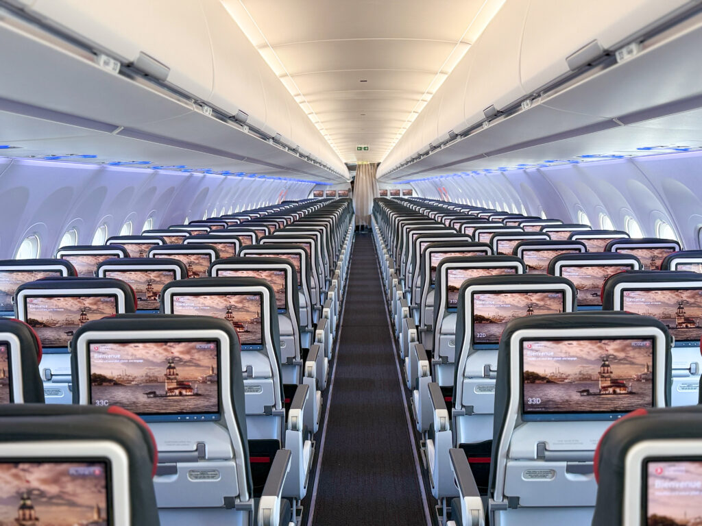 Cabin-wide shot of TCI Epianka Plus economy class seats aboard a Turkish A321