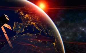 3d illustration showing satellite communications network above the Earth, with a focus on Europe