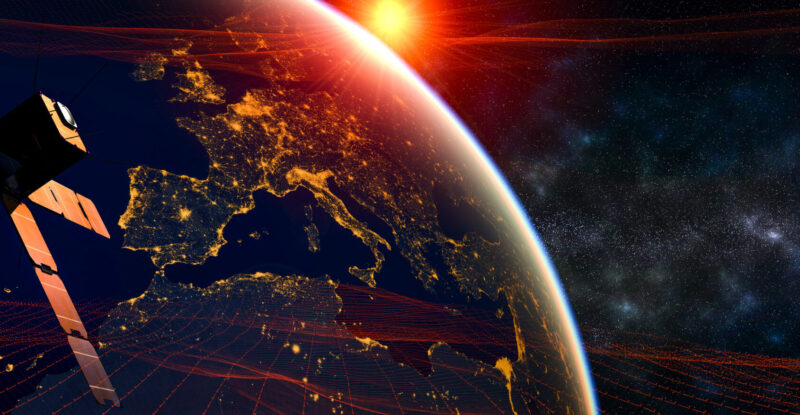 3d illustration showing satellite communications network above the Earth, with a focus on Europe