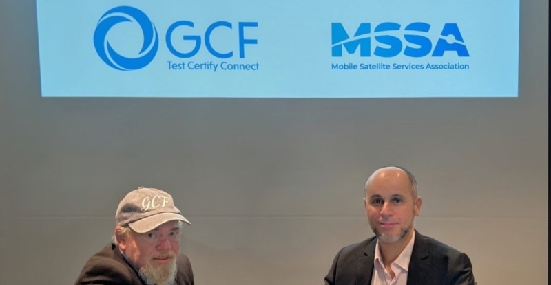 Lars Nielsen, Director General of the Global Certification Forum (GCF), and Lotfi Benachenhou, MSSA Device Certification & Licensing Working Group Lead and Director, Mobile Device Development & Architecture, Terrestar Solutions, mark the signing of a Memorandum of Understanding to advance certification, interoperability, and standards-based Non-Terrestrial Network (NTN) technologies. The collaboration supports the development of certification frameworks and interoperable solutions that will help accelerate the adoption of satellite-enabled mobile services worldwide.