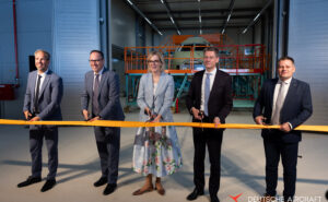 (from left to right) Nico Neumann, CEO Deutsche Aircraft, Dirk Panter, State Minister for Economic Affairs, Labour, Energy and Climate Protection of the Free State of Saxony, Marie-Christine von Hahn, Principal Managing Director, German Aerospace Industries Association (BDLI) and Christian Hirte, Parliamentary State Secretary to the Federal Minister of Transport at the official opening ceremony of Deutsche Aircraft’s Final Assembly Line (FAL) in Leipzig/Halle.