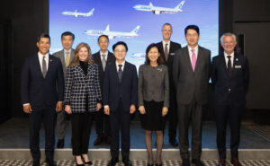 Front row from left: Hiro Rodriguez, Executive Director of the DOC Advocacy Center; Stephanie Pope, Boeing Commercial Airplanes President and CEO; Kim Jung-kwan, ROK Minister of Trade, Industry and Resources; Michelle Steel, U.S. Ambassador to the Republic of Korea; Walter Cho, Korean Air Chairman and CEO; and Gaël Méheust, GE/CFM International President and CEO. Back row from left: James Kim, AMCHAM Korea Chairman and CEO; Hwang Ki-yeon, Export-Import Bank of Korea Chairman and CEO; Andrew Gately, U.S. Embassy Minister-Counselor for Commercial Affairs.