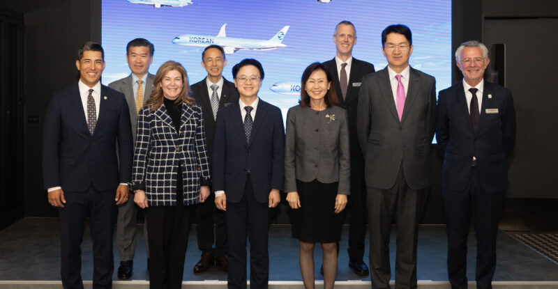 Front row from left: Hiro Rodriguez, Executive Director of the DOC Advocacy Center; Stephanie Pope, Boeing Commercial Airplanes President and CEO; Kim Jung-kwan, ROK Minister of Trade, Industry and Resources; Michelle Steel, U.S. Ambassador to the Republic of Korea; Walter Cho, Korean Air Chairman and CEO; and Gaël Méheust, GE/CFM International President and CEO. Back row from left: James Kim, AMCHAM Korea Chairman and CEO; Hwang Ki-yeon, Export-Import Bank of Korea Chairman and CEO; Andrew Gately, U.S. Embassy Minister-Counselor for Commercial Affairs.