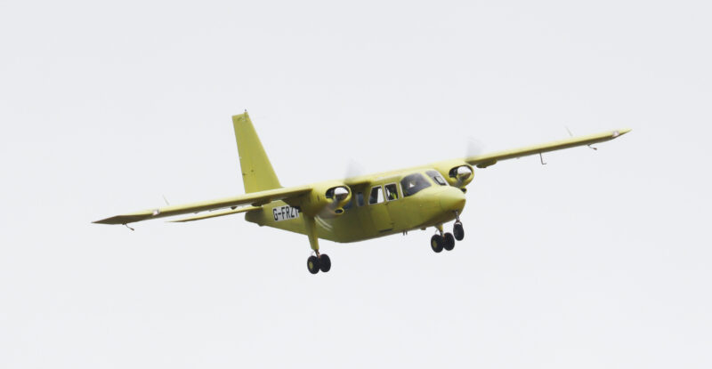 Aircraft 2317, the first Islander built from the detail component level on the new Britten-Norman assembly line on the Isle of Wight, flew for the first time on September 3. (Britten-Norman)