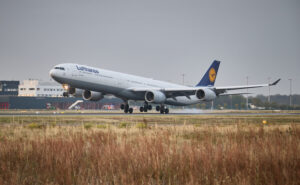 Lufthansa Airbus A340-600 taking off.