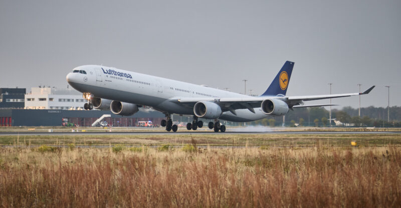 Lufthansa Airbus A340-600 taking off.