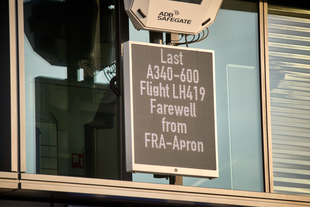A sign at the airport to highlight Lufthansa's last Airbus A340-600 flight