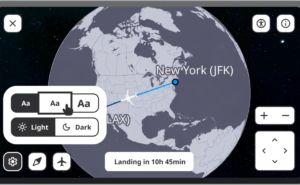 FlightPath3D Accessibility Map shows the earth, flight information, and a moving aircraft in high contrast colors