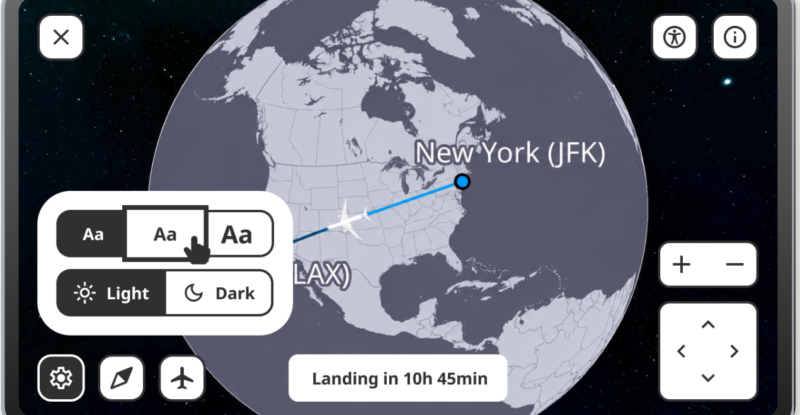 FlightPath3D Accessibility Map shows the earth, flight information, and a moving aircraft in high contrast colors