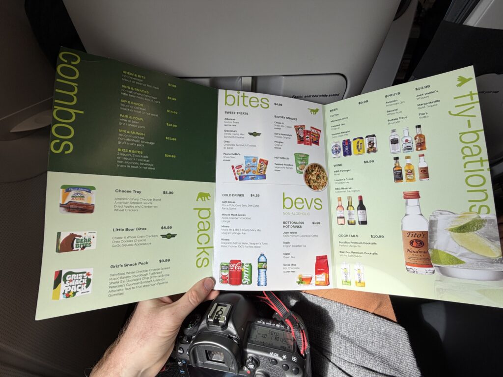 A photo of the buy-on-board menu offered by Frontier Airlines.