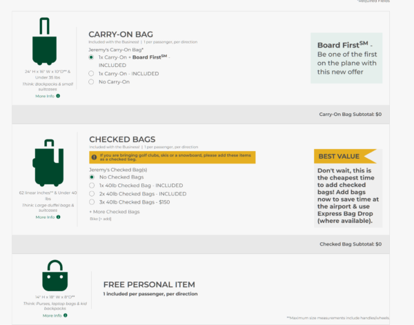 A screen shot showing the bundle's baggage allowance