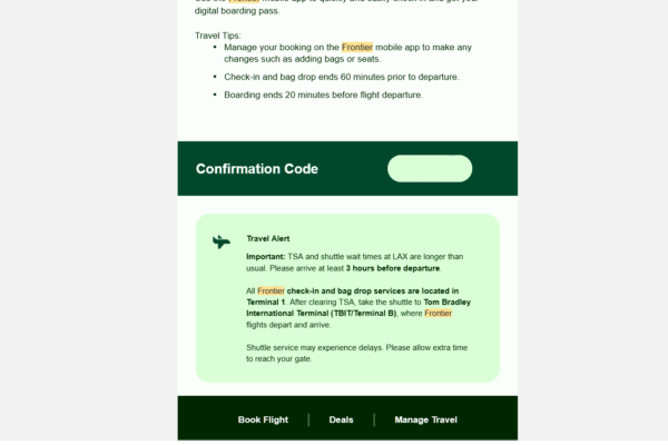 A screen shot shows that adding bags and seat selection should be accessible via the Frontier Airlines app.