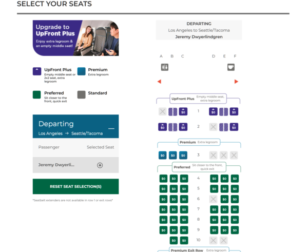 A screen shot of the seat selection portion of the booking process on Frontier Airlines' website