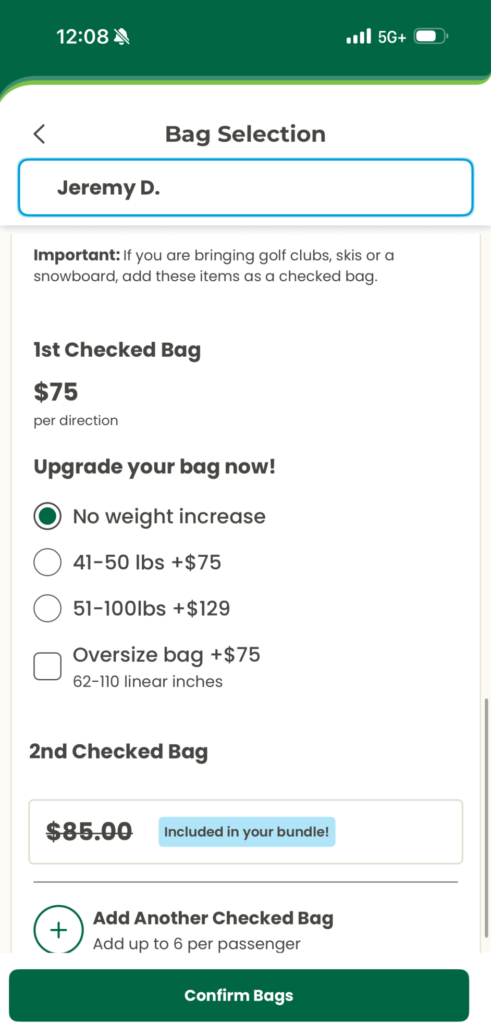 A screen shot showing the fee being asked to accommodate a checked bag on Frontier, though the author had paid for check bags.