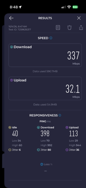 Screen shot of speed test on Airo