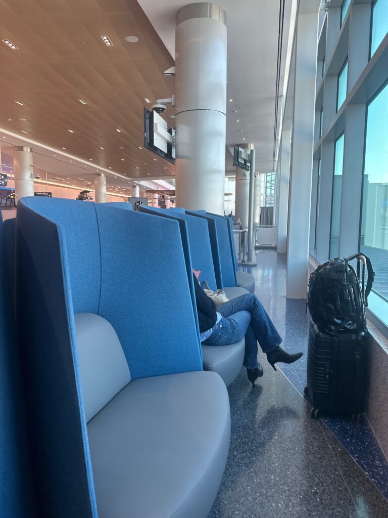 Lounge-style seats near the windows of gate b10