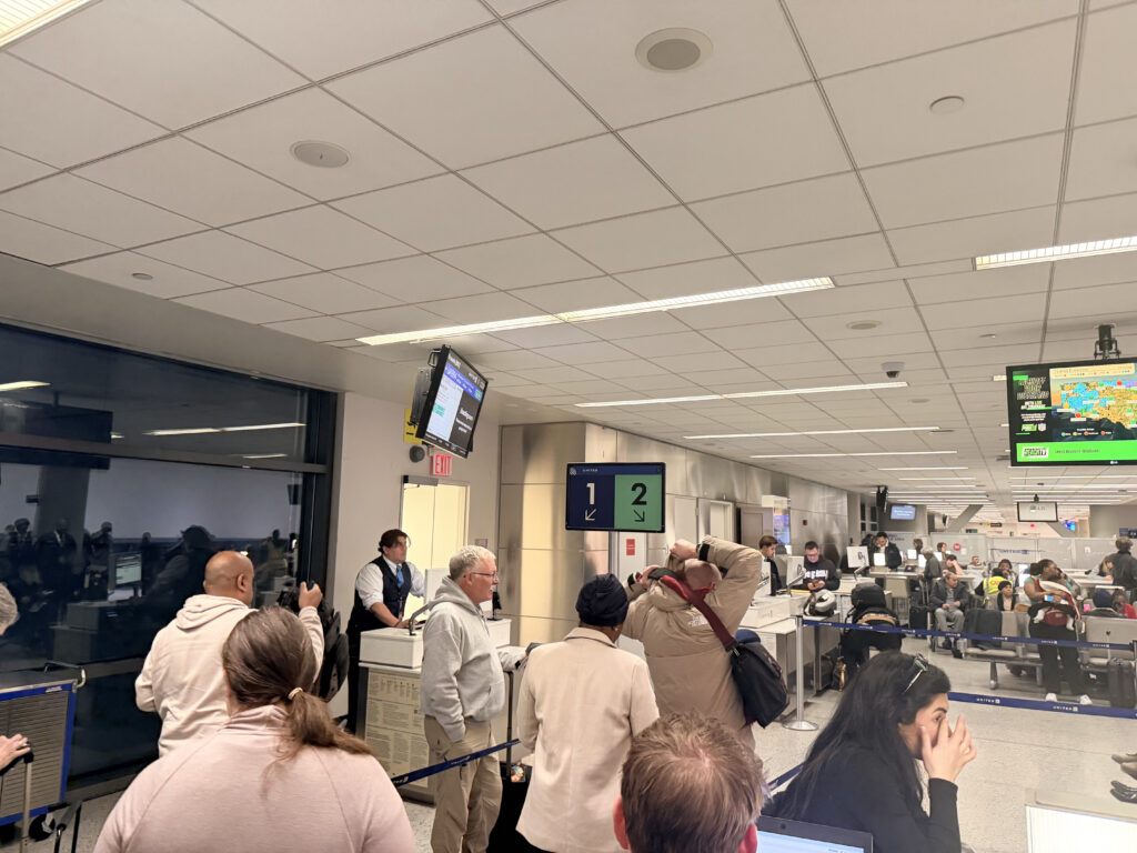 Boarding queue at United's gate for the Newark-Brussels night flight