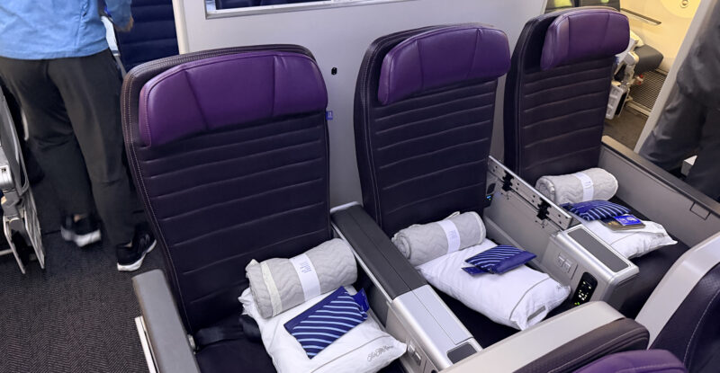 United Premium Plus seats with purple headrests aboard the 787-10