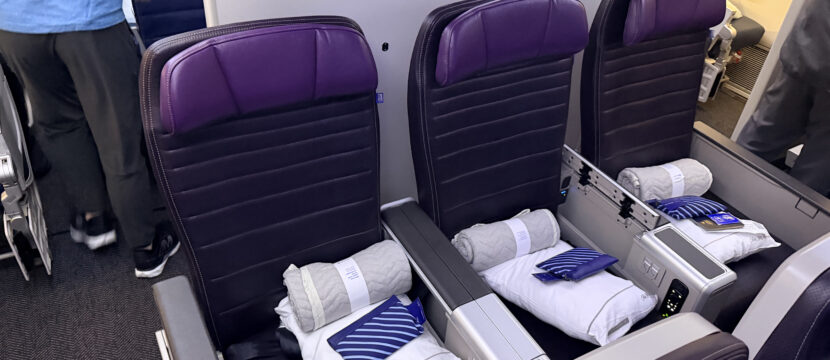 United Premium Plus seats with purple headrests aboard the 787-10
