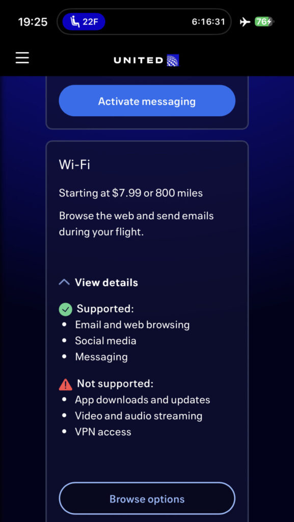 A screen shot of the United WiFi options.