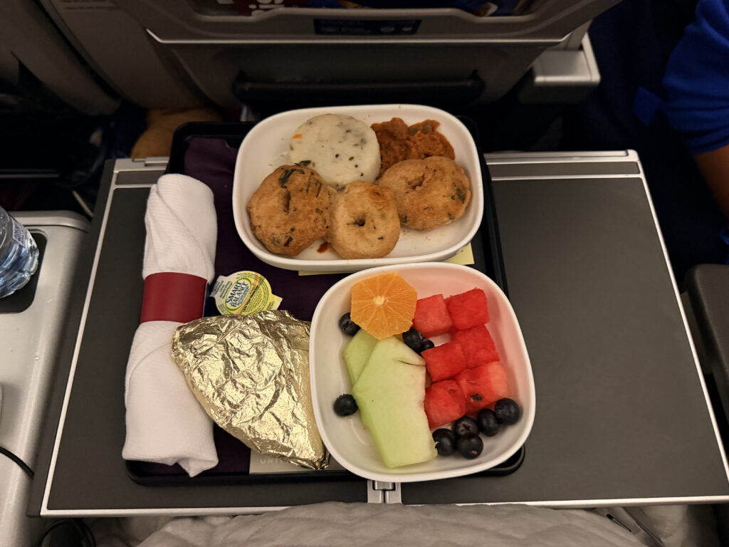 A fresh fruit plate is served to the passenger.