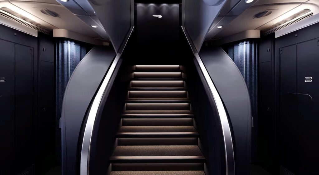 Rendering of new stairway to the upper deck on British Airways' refitted Airbus A380 double-decker aircraft. It feathers deep navy tones with metal accents.