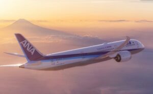 ANA Dreamliner in flight as the sun sets