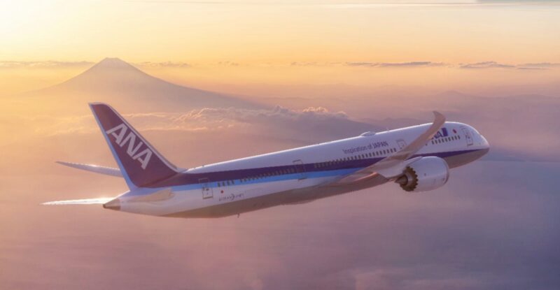 ANA Dreamliner in flight as the sun sets
