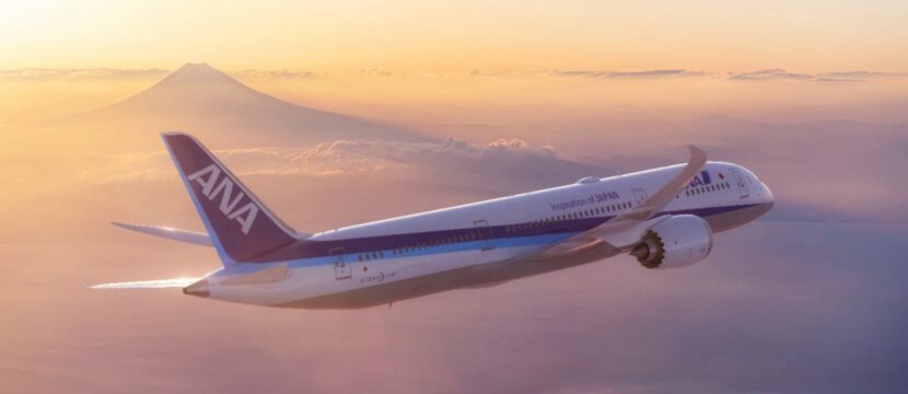ANA Dreamliner in flight as the sun sets