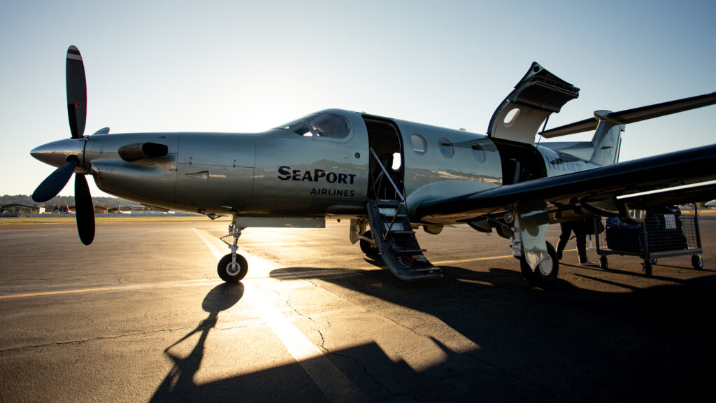 The SeaPort Pilatus PC-12 aircraft is ready for boarding.