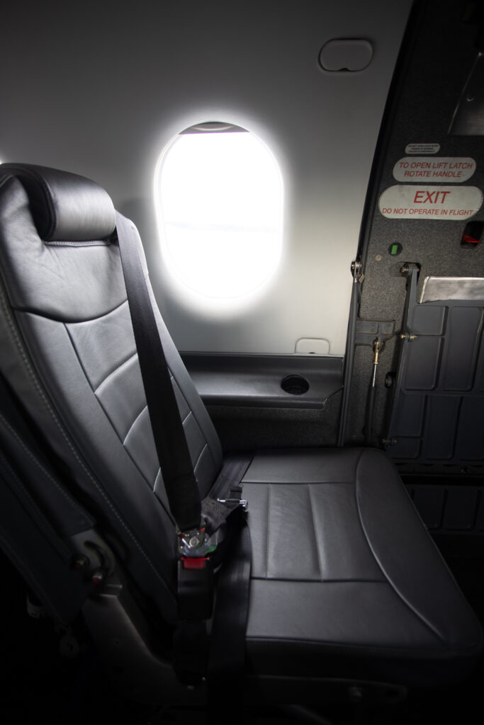 A close up of the passenger seat in the SeaPort Pilatus PC-12.