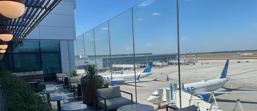 Open terrace at the massive new United Club at Terminal B North Concourse at IAH, with United tails in view